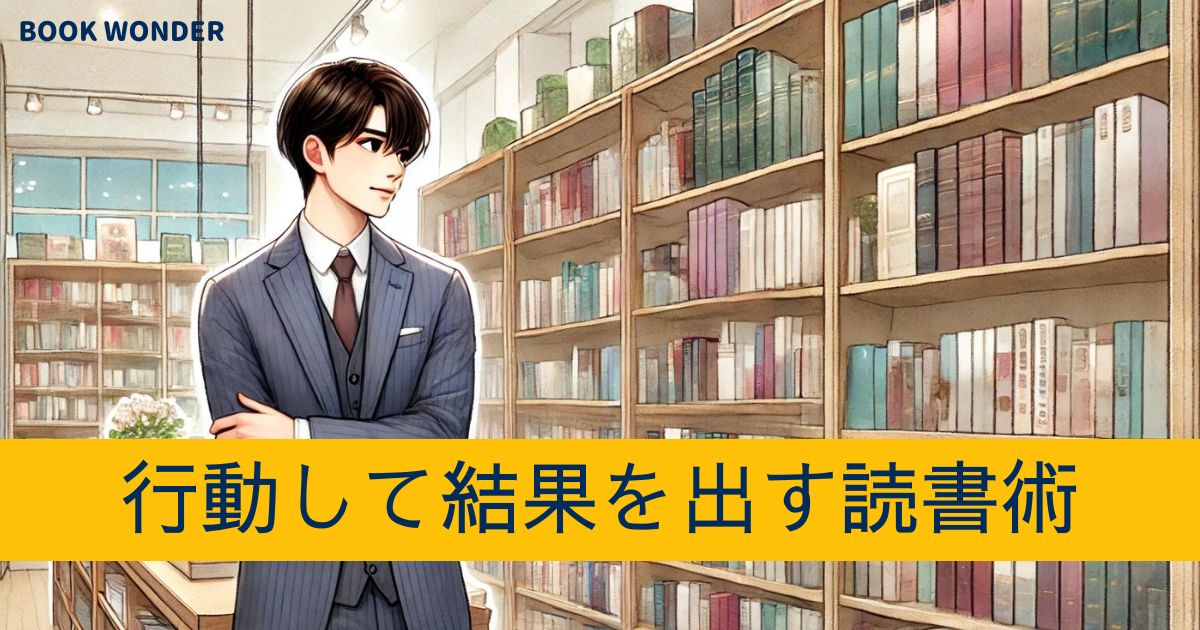 アイキャッチ画像「行動して結果を出す読書術」本を選んでいる男性