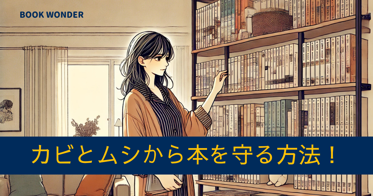 アイキャッチ画像『カビとムシから本を守る方法！』本棚の前に立つ女性